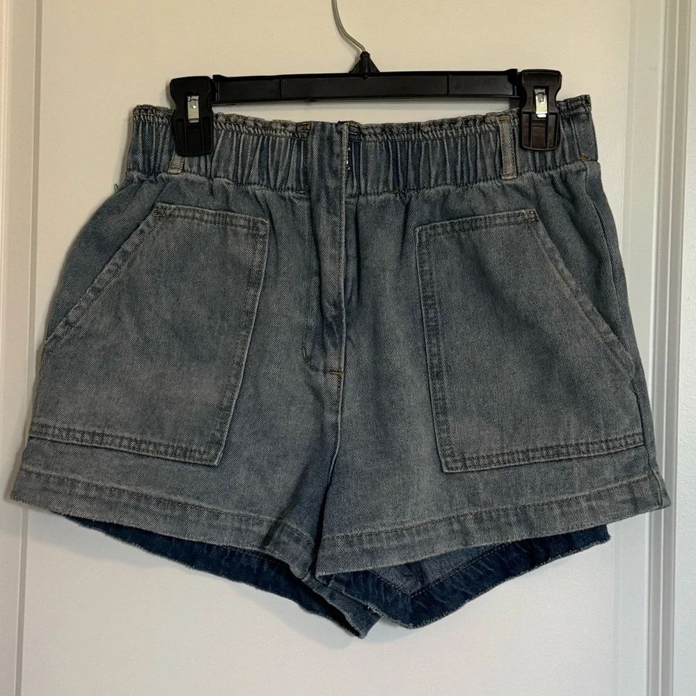 Mustard Seed Elastic Waist High Rise Denim Shorts Women's Medium Blue Distressed - Picture 15 of 16